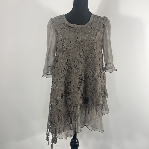 Pretty Angel Tops - Pretty Angel Baby Doll Dress, Tunic, Lace, Floral,sheer,Fringe,Gray,Small